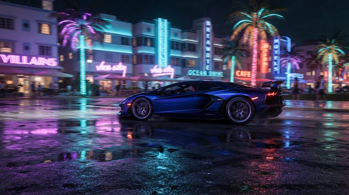 Exotic Blue Supercar Speeding Along Wet Ocean Drive at Night