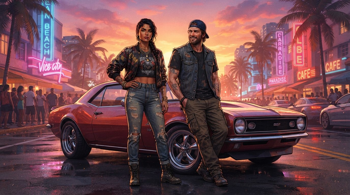 GTA 6 Dual Protagonists Lucia and Jason in Front of Red Muscle Car