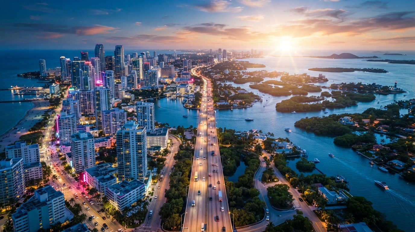 Aerial Sunset View of Vice City Causeway and Leonida Coastline